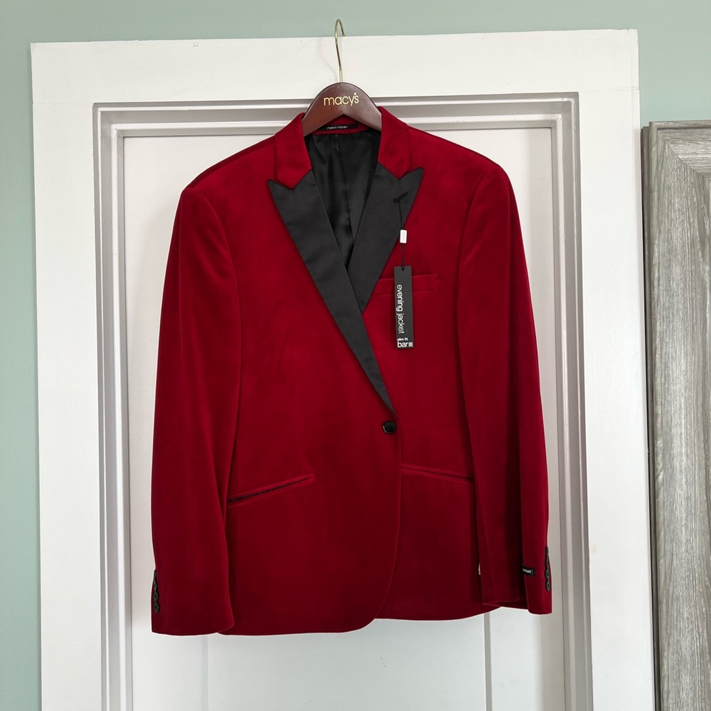 Bar III Red and Black Sport Coat with Satin Lapels